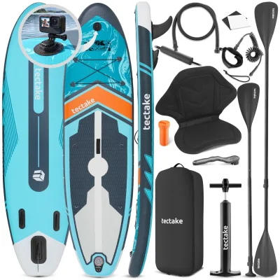 tectake® Stand-Up Paddle Board, aus Drop-Stitch-Material, mit Kamerahalterung, verstellbares Doppelpaddel, Belastbarkeit 200 kg, inklusive Kajak-Sitz