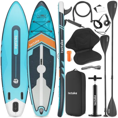 tectake® Stand Up Paddle Board, aus Drop-Stitch-Material, verstellbares Doppelpaddel, Belastbarkeit 200 kg, inklusive Kajak-Sitz