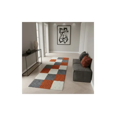 Teppich Hochflor RHEIN in Terrakotta, kariert, 80 x 250 cm