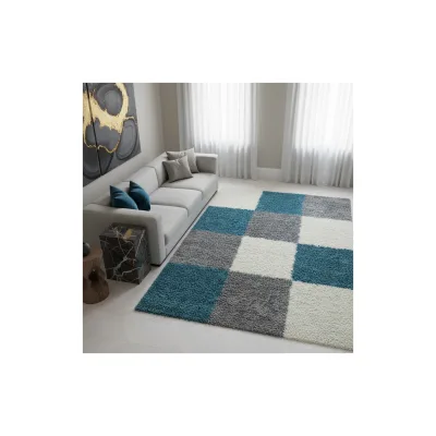 Teppich Hochflor RHEIN in Türkis, kariert, 60 x 110 cm