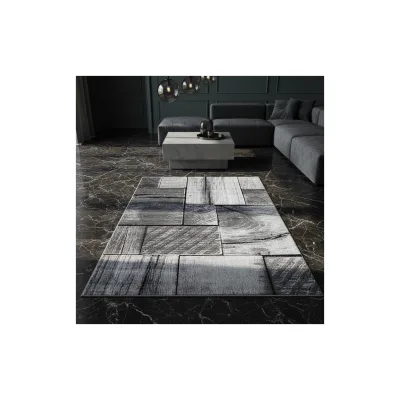 Teppich Kurzflor DRAU in Schwarz, in 3D-Holzoptik, 80 x 300 cm