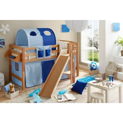 TiCAA Hochbett mit Rutsche Podestbett "Tino" Buche Natur Classic teilbar mit Farbauswahl