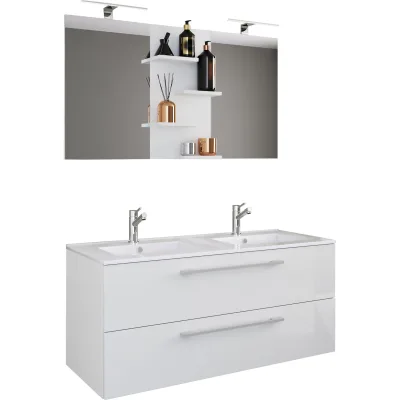 VCM 3-tlg. Doppel Waschplatz   2x Waschtisch   Badmöbel Set mit Unterschrank, Waschbecken und Spiegel   Doppelwaschbecken   Komplettset Budasi SP