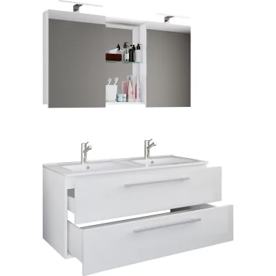 VCM 3-tlg. Doppel Waschplatz   2x Waschtisch   Badmöbel Set mit Unterschrank, Waschbecken und Spiegelschrank   Doppelwaschbecken   Komplettset Budasi SC