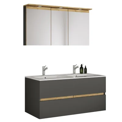 VCM 3-tlg. Doppelwaschtisch Cosila mit Doppel Keramikbecken – Badschrank  H. 51 x B. 111 x T. 51 cm mit 2 Softclose-Schubladen, Spiegelschrank mit Beleuchtung & Steckdose, Waschplatz Set Cosila-I