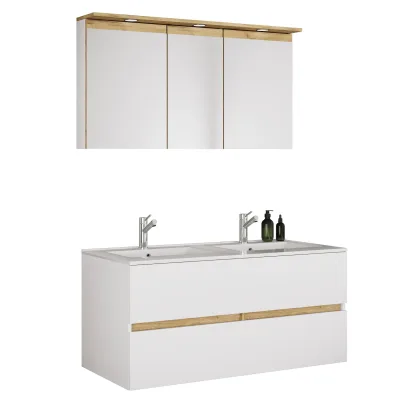 VCM 3-tlg. Doppelwaschtisch Cosila mit Doppel Keramikbecken – Badschrank  H. 51 x B. 111 x T. 51 cm mit 2 Softclose-Schubladen, Spiegelschrank mit Beleuchtung & Steckdose, Waschplatz Set Cosila-I