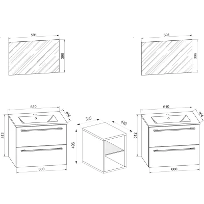 VCM 3-tlg. Set   2 Waschtisch, 2 Spiegel, 2 Waschbecken, 1 Mittelfach   Keramik Waschbecken   Unterschrank 155 cm   Badmöbel Set Doppel Waschplatz - Badinos