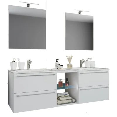 VCM 3-tlg. Set   2 Waschtisch, 2 Spiegel, 2 Waschbecken, 1 Mittelfach   Keramik Waschbecken   Unterschrank 195 cm   Badmöbel Set Doppel Waschplatz - Badinos