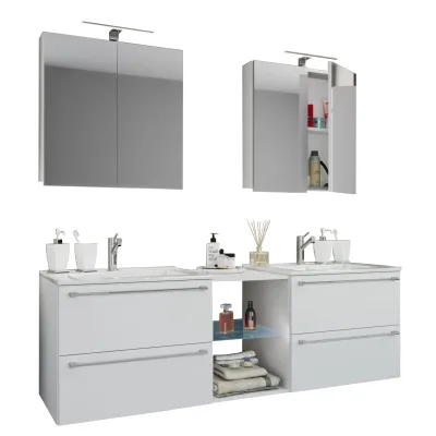 VCM 3-tlg. Set   2 Waschtisch, 2 Spiegelschrank, 2 Waschbecken, 1 Mittelfach   Keramik Waschbecken   Unterschrank 155 cm   Badmöbel Set Doppel Waschplatz - Badinos