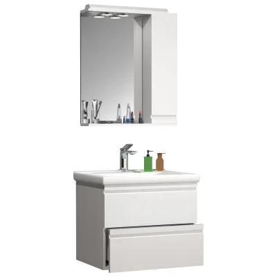 VCM 3-tlg. Waschplatz   Waschtisch Unterschrank 60 cm   Badmöbel Set mit Keramik Waschbecken   grifflose Schubladen   Spiegelschrank   Komplettset Silora