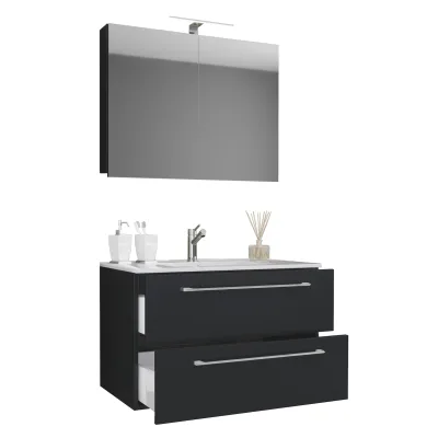 VCM 3-tlg. Waschplatz Waschtisch   Waschbecken Unterschrank Breite 60 cm   Badmöbel Set hängend mit einer Schublade Spiegelschrank   Badinos