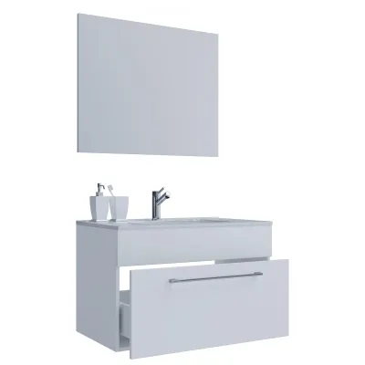 VCM 3-tlg. Waschplatz Waschtisch   Waschbecken Unterschrank Breite 80 cm   Badmöbel Set hängend mit einer Schublade Spiegel   Badinos