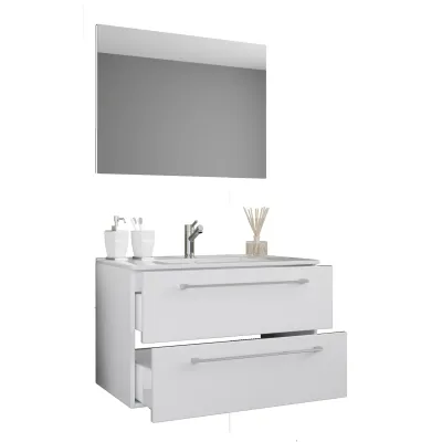 VCM 3-tlg. Waschplatz Waschtisch   Waschbecken Unterschrank Breite 80 cm   Badmöbel Set hängend mit zwei Schubladen Spiegel   Badinos