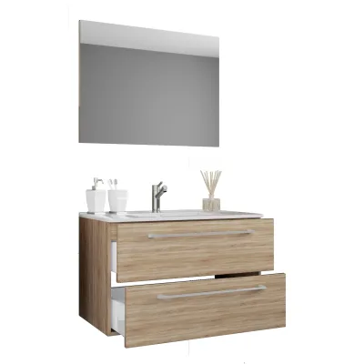 VCM 3-tlg. Waschplatz Waschtisch   Waschbecken Unterschrank Breite 80 cm   Badmöbel Set hängend mit zwei Schubladen Spiegel   Badinos