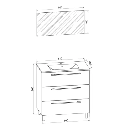 VCM 3-tlg. Waschplatz Waschtisch   Waschbecken Unterschrank Breite 80 cm   Badmöbel Set stehend mit drei Schubladen Spiegel   Badinos