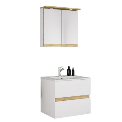 VCM 3-tlg. Waschtisch Set mit Keramikbecken, Badschrank mit 2 Softclose-Schubladen, Spiegelschrank mit Beleuchtung und Steckdose, Maße Unterschrank H. 51 x B. 61 x T. 47 cm, Cosila-I