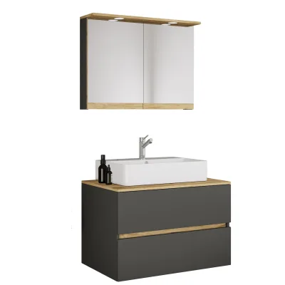 VCM 3-tlg. Waschtisch Set mit Keramikbecken, Badschrank mit 2 Softclose-Schubladen, Spiegelschrank mit Beleuchtung und Steckdose, Maße Unterschrank H. 51 x B. 80 x T. 51 cm, Cosila-A