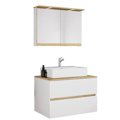 VCM 3-tlg. Waschtisch Set mit Keramikbecken, Badschrank mit 2 Softclose-Schubladen, Spiegelschrank mit Beleuchtung und Steckdose, Maße Unterschrank H. 51 x B. 80 x T. 51 cm, Cosila-A