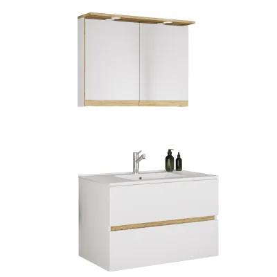 VCM 3-tlg. Waschtisch Set mit Keramikbecken, Badschrank mit 2 Softclose-Schubladen, Spiegelschrank mit Beleuchtung und Steckdose, Maße Unterschrank H. 51 x B. 81 x T. 47 cm, Cosila-I
