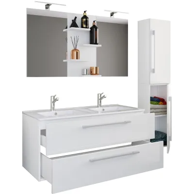 VCM 4-tlg. Doppel Waschplatz   2x Waschtisch   Badmöbel Set mit Unterschrank, Waschbecken, Hochschrank und Spiegel   Doppelwaschbecken   Komplettset Budasi SP