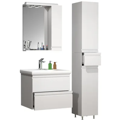 VCM 4-tlg. Waschplatz Waschtisch 60 cm Badmöbel Set Waschbecken grifflose Schublade Spiegelschrank Hochschrank Silora