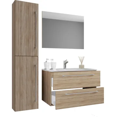VCM 4-tlg. Waschplatz Waschtisch   Waschbecken Unterschrank Breite 80 cm   Badmöbel Set mit Schubladen Drehtüren Spiegel   Badinos