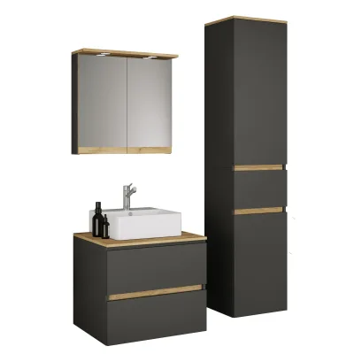 VCM 4-tlg. Waschtisch Set mit Keramikbecken, Badschrank mit 2 Softclose-Schubladen, Hochschrank, Spiegelschrank mit Beleuchtung und Steckdose, Maße Unterschrank H. 51 x B. 60 x T. 51 cm, Cosila-A