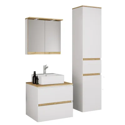 VCM 4-tlg. Waschtisch Set mit Keramikbecken, Badschrank mit 2 Softclose-Schubladen, Hochschrank, Spiegelschrank mit Beleuchtung und Steckdose, Maße Unterschrank H. 51 x B. 60 x T. 51 cm, Cosila-A