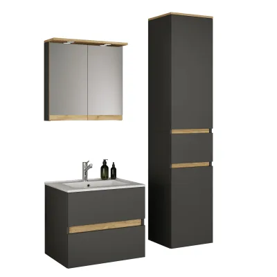 VCM 4-tlg. Waschtisch Set mit Keramikbecken, Badschrank mit 2 Softclose-Schubladen, Hochschrank, Spiegelschrank mit Beleuchtung und Steckdose, Maße Unterschrank H. 51 x B. 61 x T. 47 cm, Cosila-I