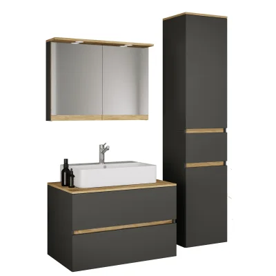 VCM 4-tlg. Waschtisch Set mit Keramikbecken, Badschrank mit 2 Softclose-Schubladen, Hochschrank, Spiegelschrank mit Beleuchtung und Steckdose, Maße Unterschrank H. 51 x B. 80 x T. 51 cm, Cosila-A