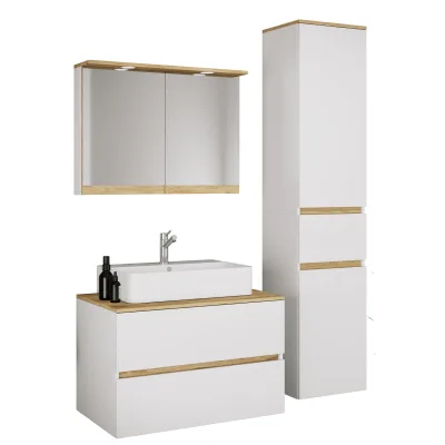 VCM 4-tlg. Waschtisch Set mit Keramikbecken, Badschrank mit 2 Softclose-Schubladen, Hochschrank, Spiegelschrank mit Beleuchtung und Steckdose, Maße Unterschrank H. 51 x B. 80 x T. 51 cm, Cosila-A