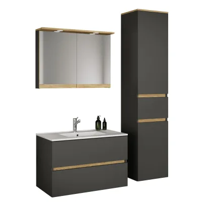 VCM 4-tlg. Waschtisch Set mit Keramikbecken, Badschrank mit 2 Softclose-Schubladen, Hochschrank, Spiegelschrank mit Beleuchtung und Steckdose, Maße Unterschrank H. 51 x B. 81 x T. 47 cm, Cosila-I