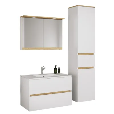 VCM 4-tlg. Waschtisch Set mit Keramikbecken, Badschrank mit 2 Softclose-Schubladen, Hochschrank, Spiegelschrank mit Beleuchtung und Steckdose, Maße Unterschrank H. 51 x B. 81 x T. 47 cm, Cosila-I