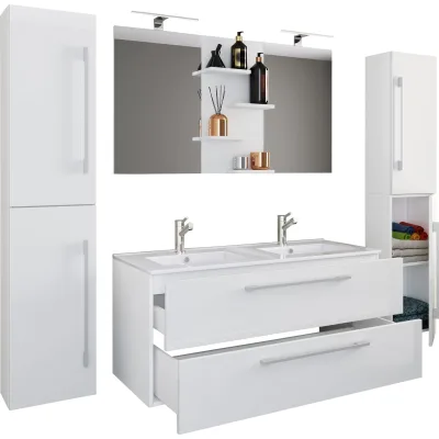 VCM 5-tlg. Doppel Waschplatz   2x Waschtisch   Badmöbel Set mit Unterschrank, Waschbecken, 2x Hochschrank und Spiegel   Doppelwaschbecken   Komplettset Budasi SP