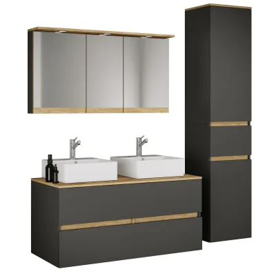 VCM 5-tlg. Doppelwaschtisch Cosila mit 2 Keramikbecken – Badschrank H. 51 x B. 111 x T. 51 cm mit 2 Softclose-Schubladen, Spiegelschrank mit Beleuchtung & Steckdose und Hochschrank Cosila-A