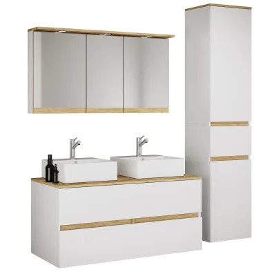 VCM 5-tlg. Doppelwaschtisch Cosila mit 2 Keramikbecken – Badschrank H. 51 x B. 111 x T. 51 cm mit 2 Softclose-Schubladen, Spiegelschrank mit Beleuchtung & Steckdose und Hochschrank Cosila-A