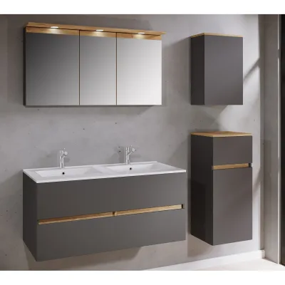 VCM 5-tlg. Doppelwaschtisch Cosila mit Doppel Keramikbecken – Badschrank  H. 51 x B. 111 x T. 51 cm mit 2 Softclose-Schubladen, Spiegelschrank mit Beleuchtung & Steckdose, Midi und Hängeschrank, Waschplatz Set Cosila-I
