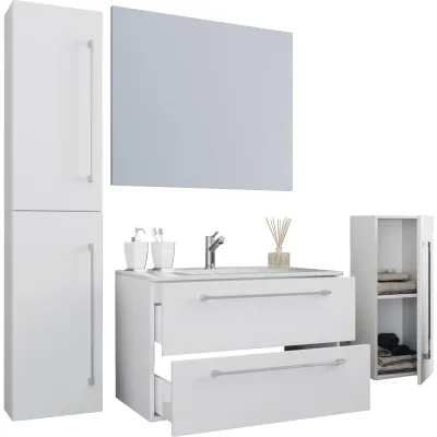 VCM 5-tlg. Set   1 Waschtisch mit zwei Schubladen, 1 Spiegel, 1 Waschbecken, 1 Midischrank, 1 Hochschrank   Keramik Waschbecken   hängend Unterschrank 80 cm   Badmöbel Set Waschplatz – Badinos
