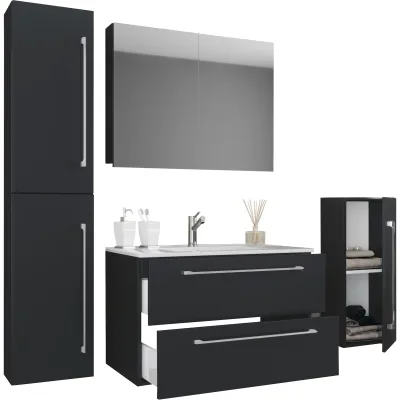 VCM 5-tlg. Set   1 Waschtisch mit zwei Schubladen, 1 Spiegelschrank, 1 Waschbecken, 1 Midischrank, 1 Hochschrank   Keramik Waschbecken   hängend Unterschrank 80 cm   Badmöbel Set Waschplatz – Badinos