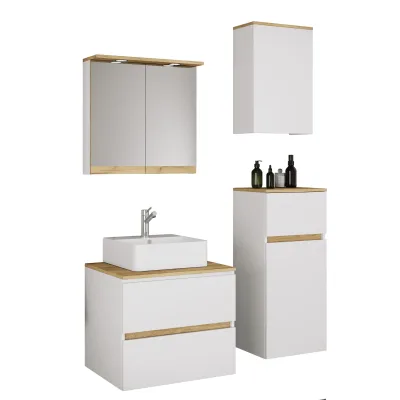 VCM 5-tlg. Waschtisch Set mit Keramikbecken, Badschrank mit 2 Softclose-Schubladen, Midischrank, Hängeschrank, Spiegelschrank mit Beleuchtung und Steckdose, Maße Unterschrank H. 51 x B. 60 x T. 47 cm, Cosila-A