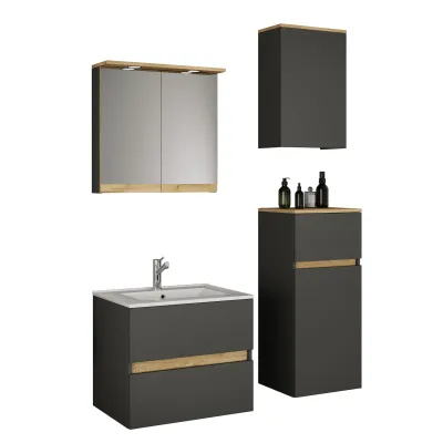 VCM 5-tlg. Waschtisch Set mit Keramikbecken, Badschrank mit 2 Softclose-Schubladen, Midischrank, Hängeschrank, Spiegelschrank mit Beleuchtung und Steckdose, Maße Unterschrank H. 51 x B. 61 x T. 47 cm, Cosila-I