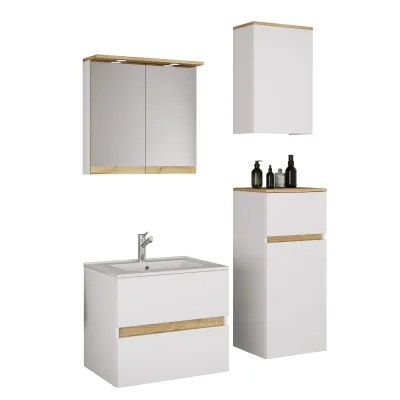 VCM 5-tlg. Waschtisch Set mit Keramikbecken, Badschrank mit 2 Softclose-Schubladen, Midischrank, Hängeschrank, Spiegelschrank mit Beleuchtung und Steckdose, Maße Unterschrank H. 51 x B. 61 x T. 47 cm, Cosila-I