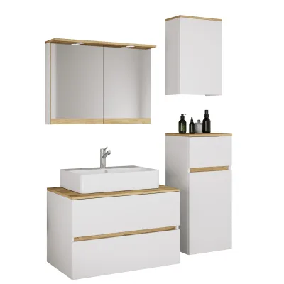 VCM 5-tlg. Waschtisch Set mit Keramikbecken, Badschrank mit 2 Softclose-Schubladen, Midischrank, Hängeschrank, Spiegelschrank mit Beleuchtung und Steckdose, Maße Unterschrank H. 51 x B. 80 x T. 47 cm, Cosila-A