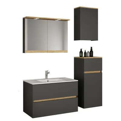 VCM 5-tlg. Waschtisch Set mit Keramikbecken, Badschrank mit 2 Softclose-Schubladen, Midischrank, Hängeschrank, Spiegelschrank mit Beleuchtung und Steckdose, Maße Unterschrank H. 51 x B. 81 x T. 47 cm, Cosila-I