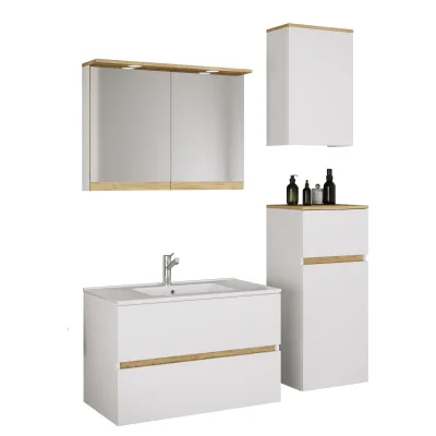 VCM 5-tlg. Waschtisch Set mit Keramikbecken, Badschrank mit 2 Softclose-Schubladen, Midischrank, Hängeschrank, Spiegelschrank mit Beleuchtung und Steckdose, Maße Unterschrank H. 51 x B. 81 x T. 47 cm, Cosila-I
