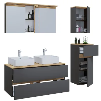 VCM 6-tlg. Doppelwaschtisch Cosila mit 2 Keramikbecken – Badschrank  H. 51 x B. 111 x T. 51 cm mit 2 Softclose-Schubladen, Spiegelschrank mit Beleuchtung & Steckdose, Midi und Hängeschrank, Waschplatz Set Cosila-A