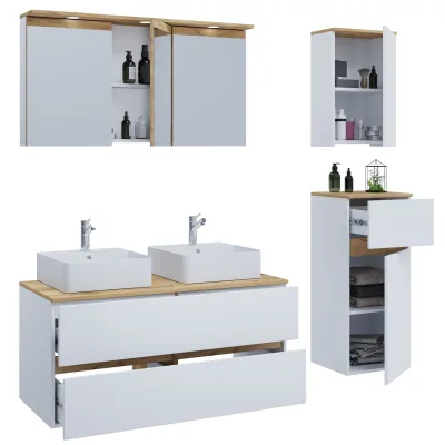 VCM 6-tlg. Doppelwaschtisch Cosila mit 2 Keramikbecken – Badschrank  H. 51 x B. 111 x T. 51 cm mit 2 Softclose-Schubladen, Spiegelschrank mit Beleuchtung & Steckdose, Midi und Hängeschrank, Waschplatz Set Cosila-A