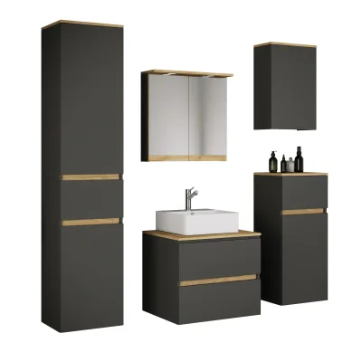 VCM 6-tlg. Waschtisch Set mit Keramikbecken, Badschrank mit 2 Softclose-Schubladen, Hochschrank, Midischrank, Hängeschrank, Spiegelschrank mit Beleuchtung und Steckdose, Maße Unterschrank H. 51 x B. 60 x T. 51 cm, Cosila-A