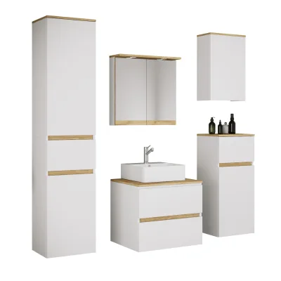 VCM 6-tlg. Waschtisch Set mit Keramikbecken, Badschrank mit 2 Softclose-Schubladen, Hochschrank, Midischrank, Hängeschrank, Spiegelschrank mit Beleuchtung und Steckdose, Maße Unterschrank H. 51 x B. 60 x T. 51 cm, Cosila-A