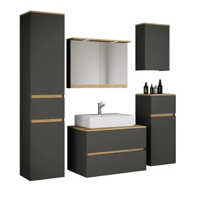 VCM 6-tlg. Waschtisch Set mit Keramikbecken, Badschrank mit 2 Softclose-Schubladen, Hochschrank, Midischrank, Hängeschrank, Spiegelschrank mit Beleuchtung und Steckdose, Maße Unterschrank H. 51 x B. 80 x T. 51 cm, Cosila-A